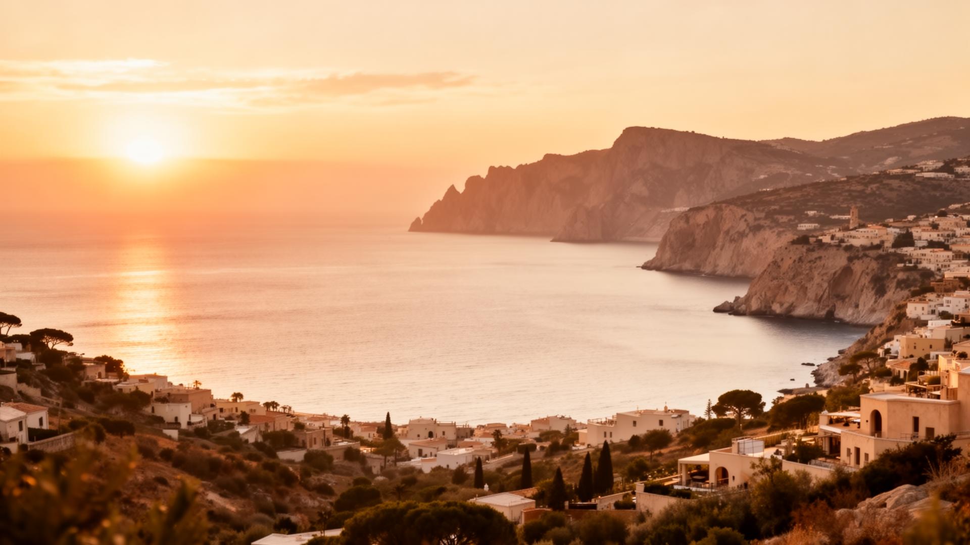 Golden hour light over a Mediterranean coastline